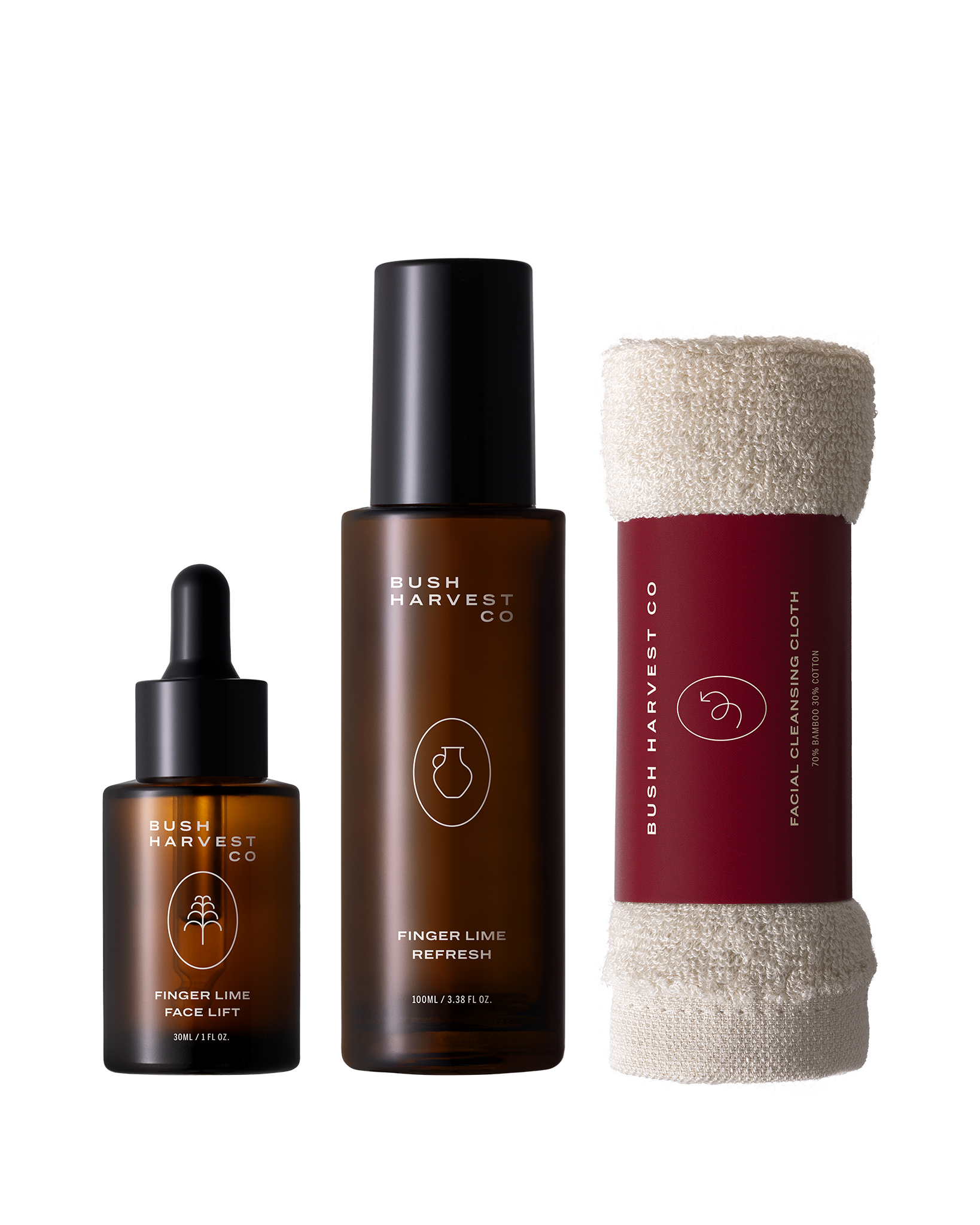 E-commerce image of Clean Slate & Glow Kit, which includes Finger Lime Face Lift Hydrating & Brightening Serum, Finger Lime Refresh Purifying Facial Cleanser and a reusable, bamboo cotton blend Facial Cleansing Cloth.