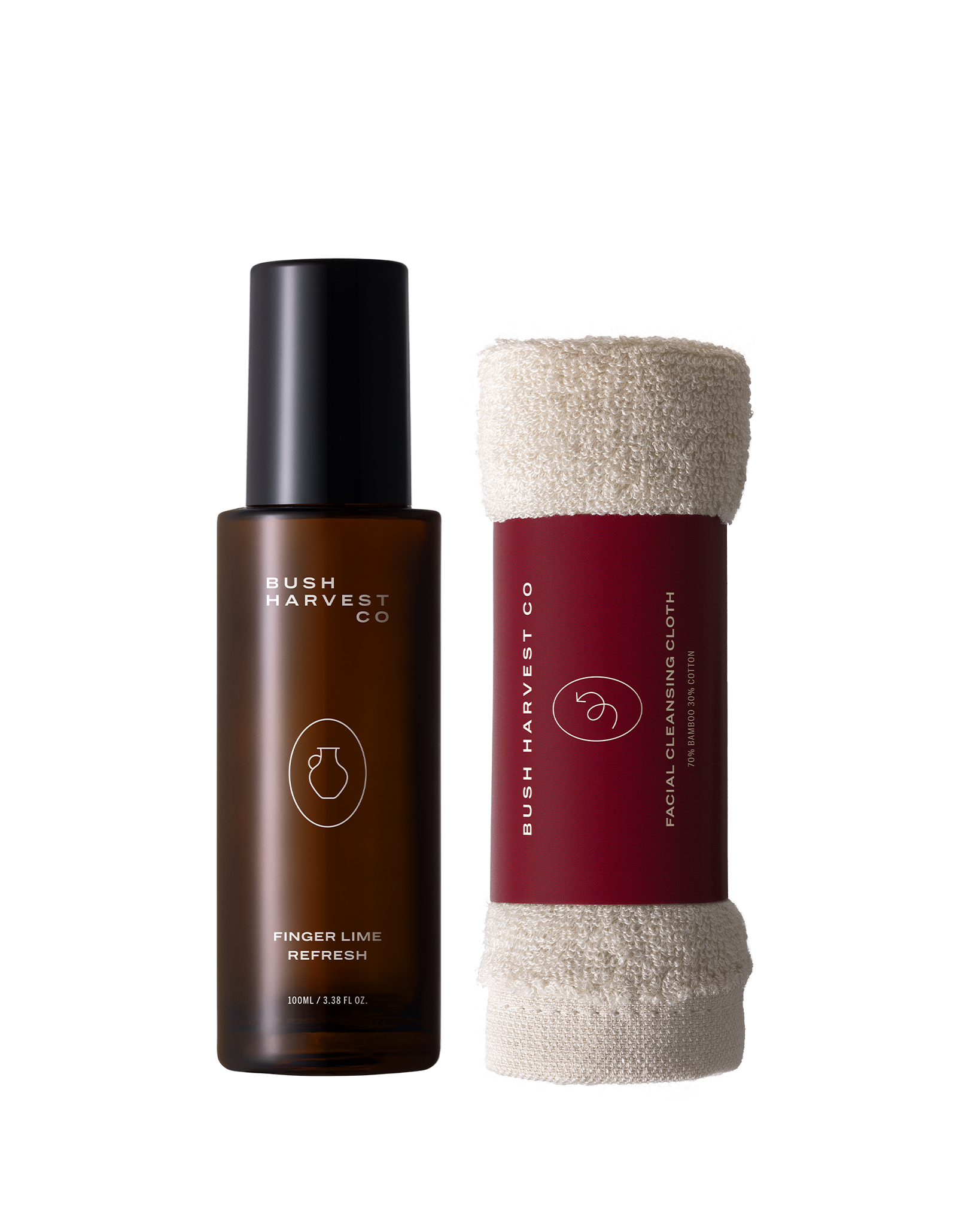 E-commerce image of Fresh Face Set bundle, which includes Finger Lime Refresh Purifying Facial Cleanser and a reusable, bamboo cotton blend Facial Cleansing Cloth.